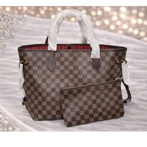 Brown Checkered Tote with Pouch